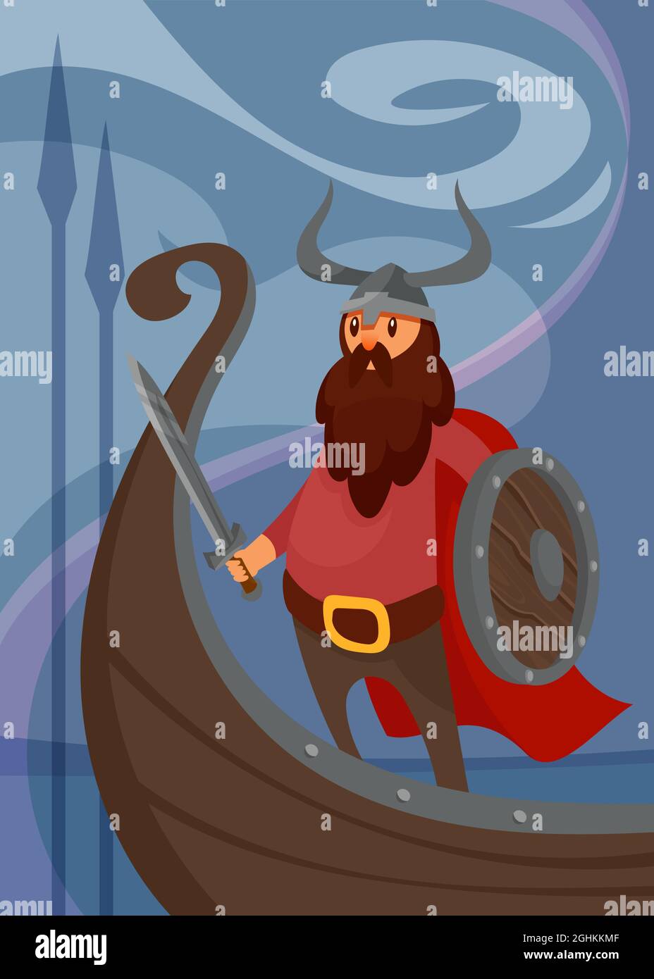 Viking poster with warrior on ship. Scandinavian placard design in cartoon style. Stock Vector