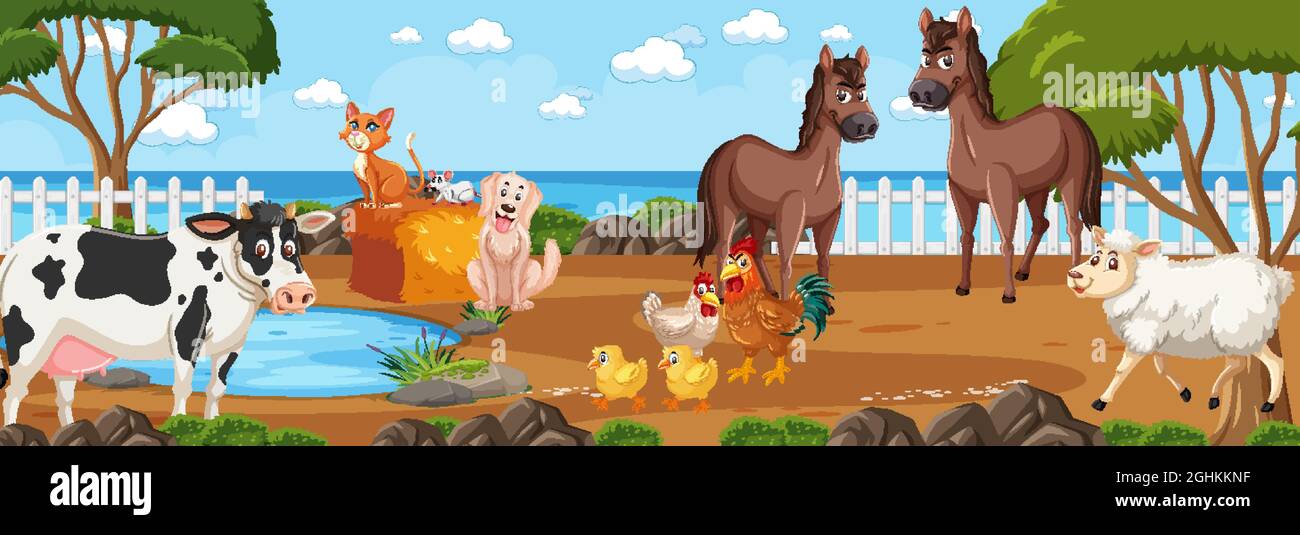 Panorama landscape scene with various farm animals in the farm ...