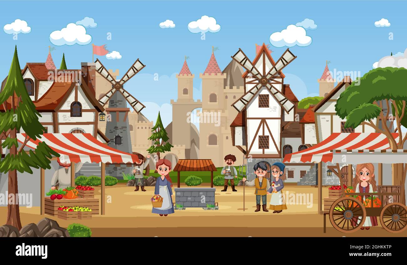 Medieval town scene with villagers at the market place illustration ...