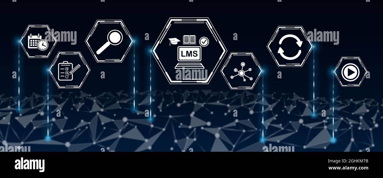 Concept of lms with icons in hexagons connected to abstract network ...