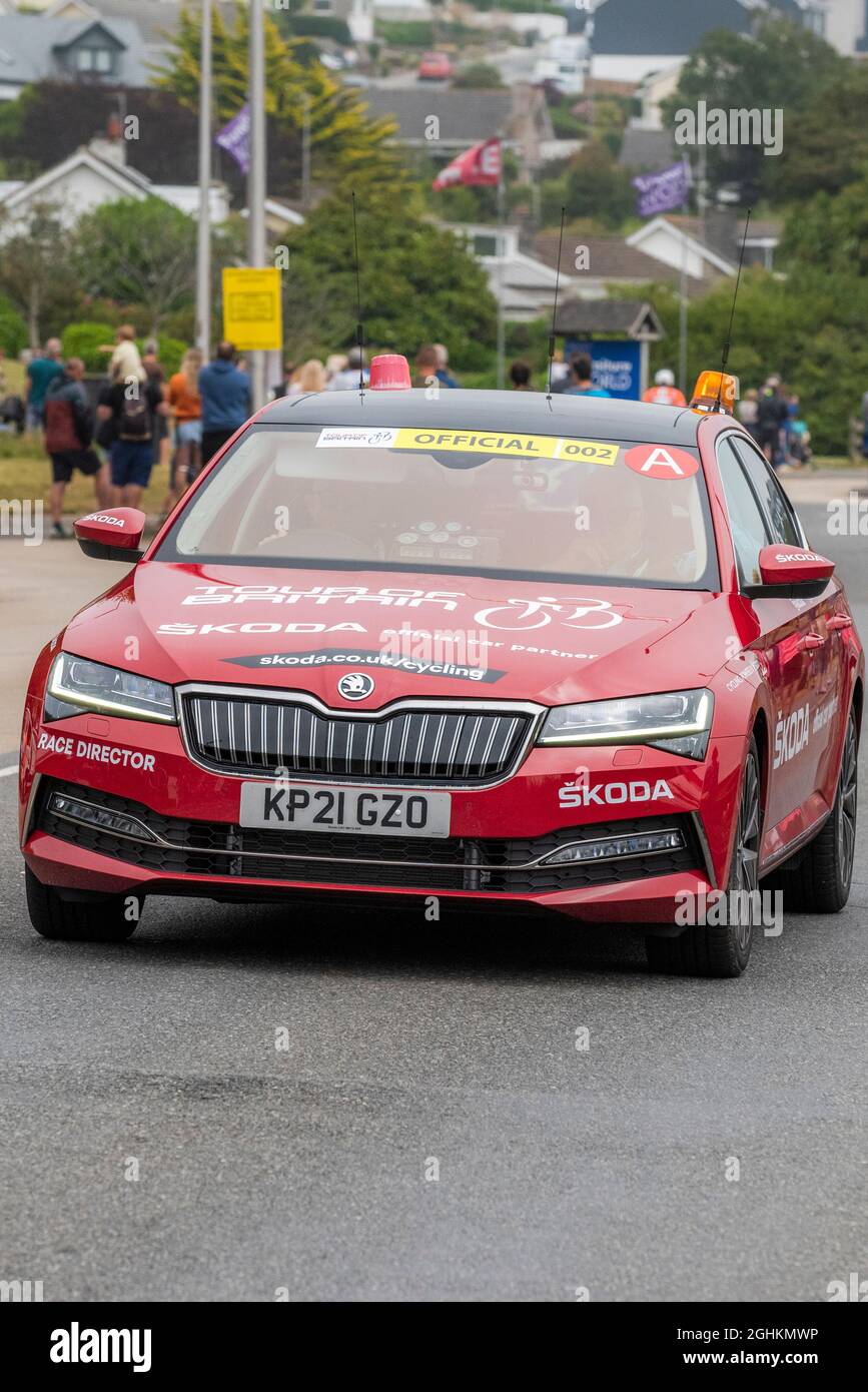 The Skoda car for the Race Director driving into Newquay in Cornwall during the opening stage of the iconic Tour of Britain 2021 - known as The Grand Stock Photo