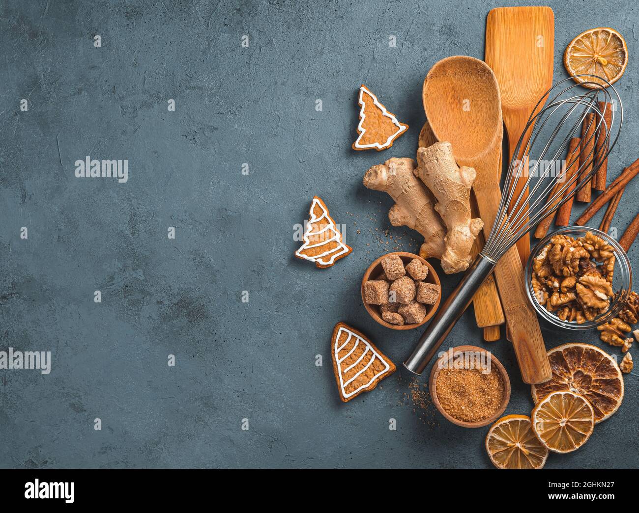 Cooking background with ingredients, ginger cookies and cooking ...