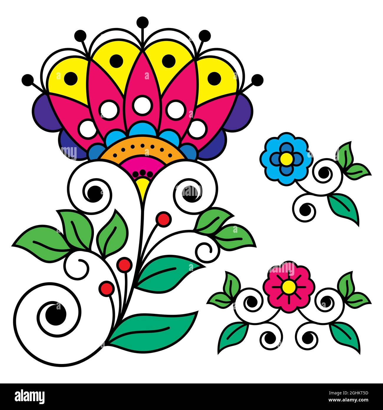 Scandinavian folk art flower vector design set, retro floral patterns inspired by the traditional art from Sweden Stock Vector