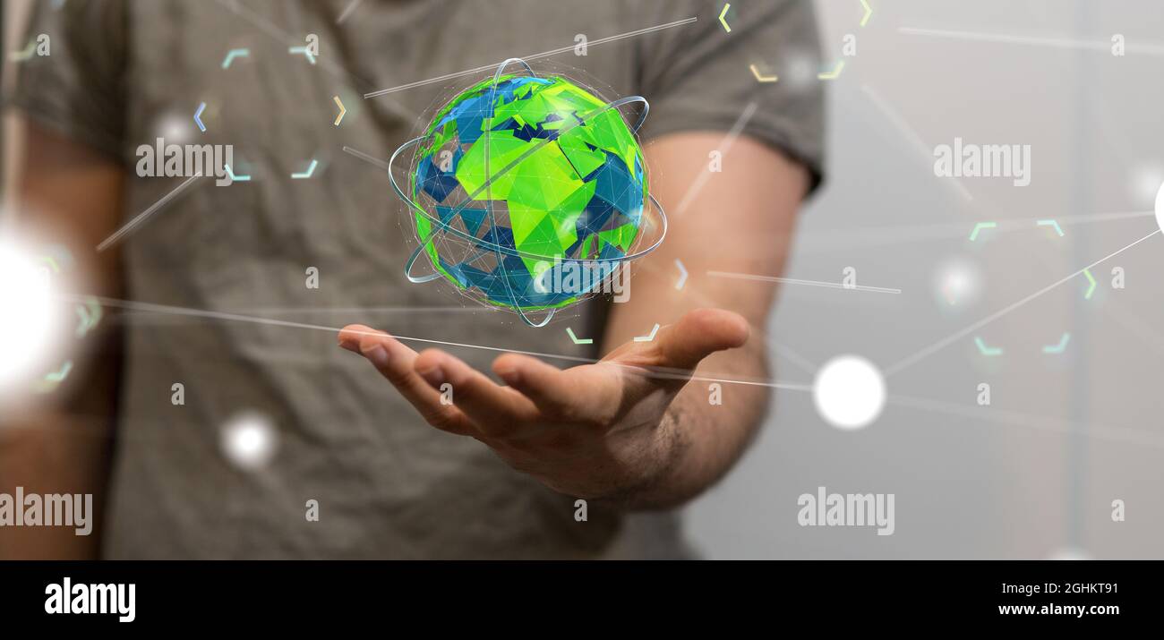 3D rendered futuristic globe hovering over a man's hand Stock Photo - Alamy