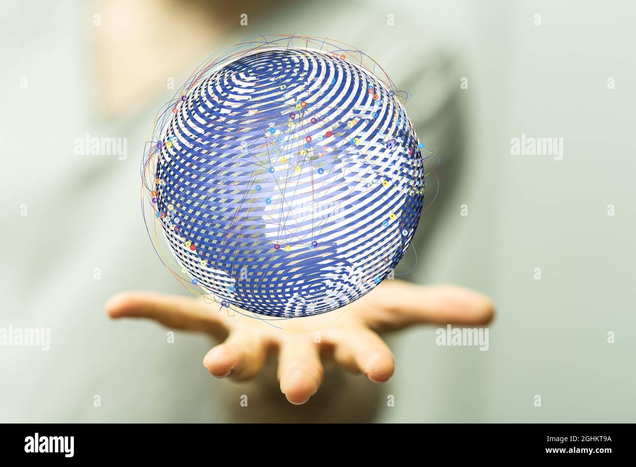 3D rendered futuristic globe hovering over a man's hand Stock Photo - Alamy