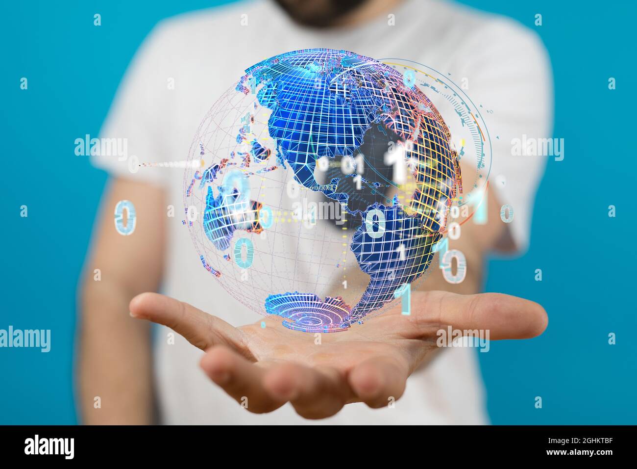 3D rendered futuristic globe with binary code hovering over a man's ...