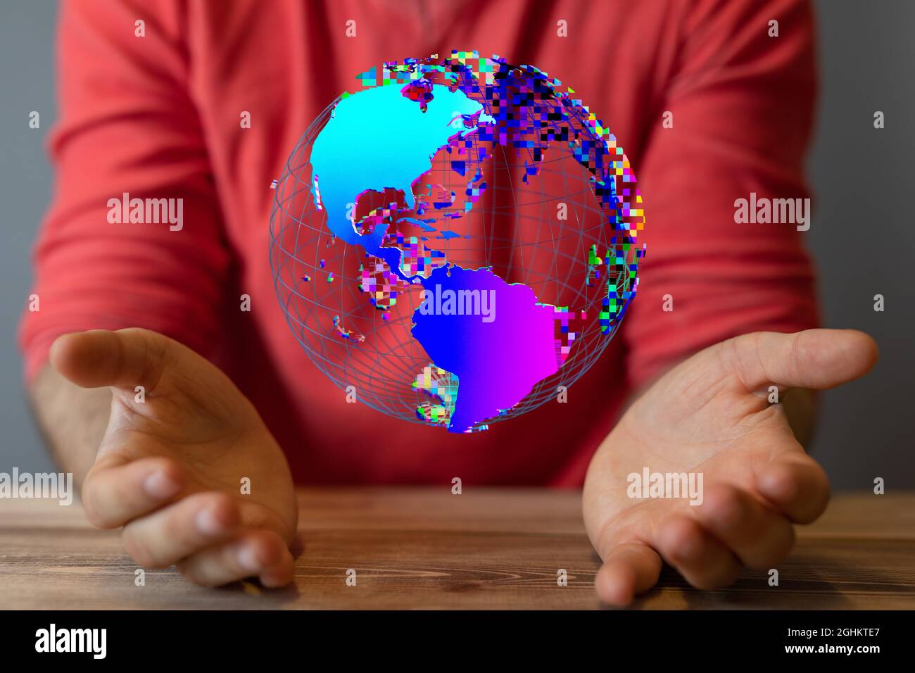 3D rendered futuristic globe hovering over a man's hands Stock Photo ...