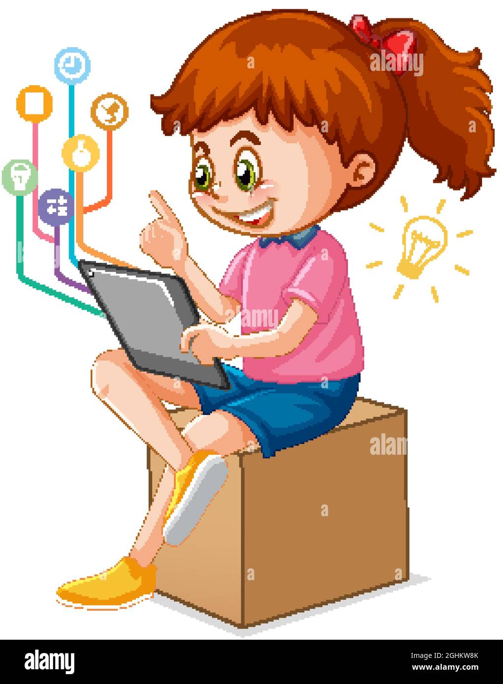 A girl using tablet for distance learning online illustration Stock ...