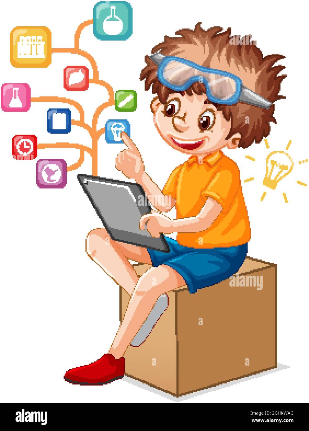 A boy using tablet for distance learning online illustration Stock Vector