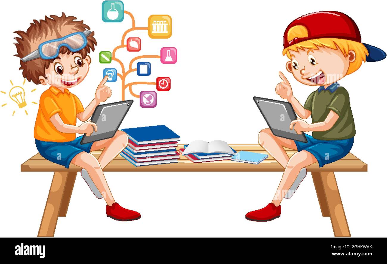 Boys online learning from tablet illustration Stock Vector