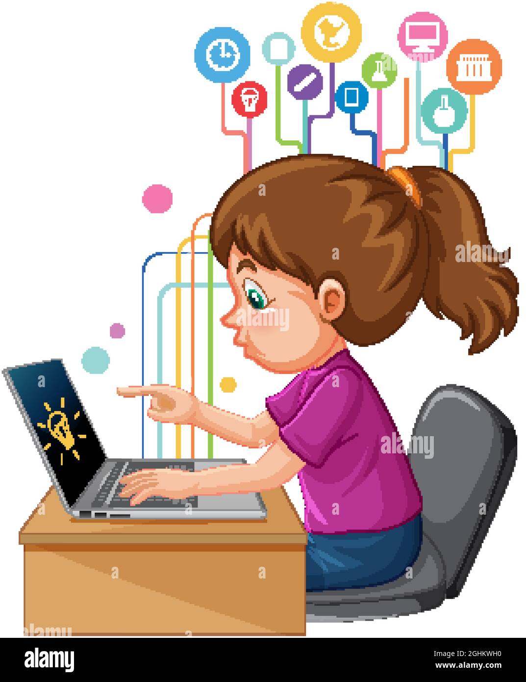 A girl using laptop computer for distance learning online illustration Stock Vector