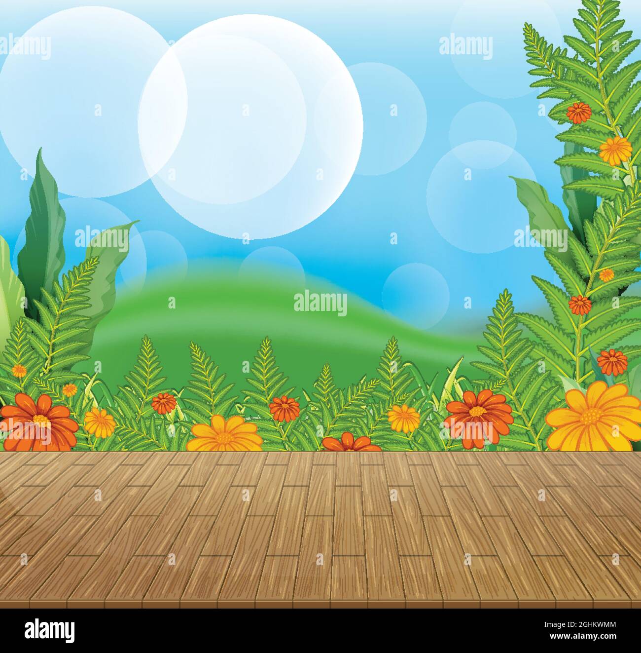 Nature background with flower field and green grass illustration Stock ...