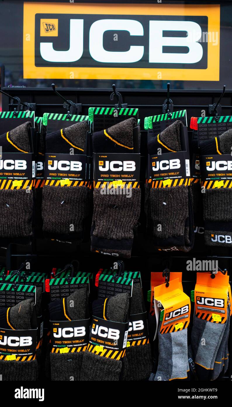 Farm shop JCB Brand  working socks for wearing under safety boots priced £7.99 per pair 2021 Stock Photo