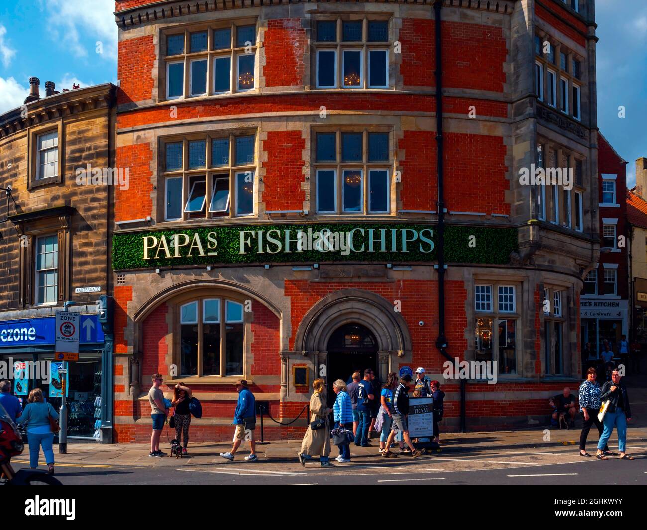 Papa's Fish and Chip restaurant and Take Away 78 Baxtergate Whitby England 2021 Stock Photo