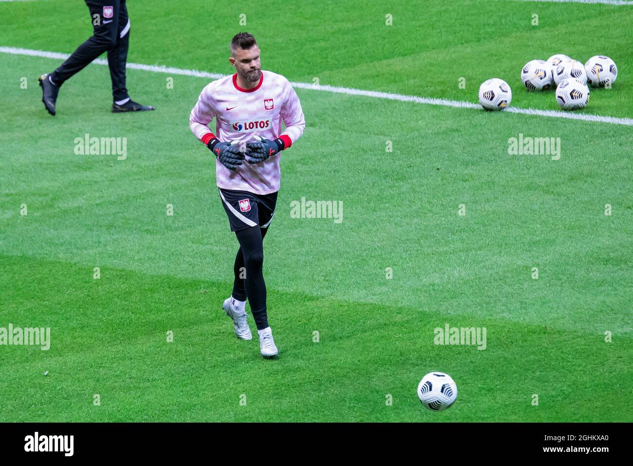 Goalkeeper Bartlomiej Dragowski of Poland in action during the FIFA World Cup 2022 Qatar qualifying match between Poland and Albania at PGE Narodowy Stadium. (Final score; Poland 4:1 Albania) Stock Photo