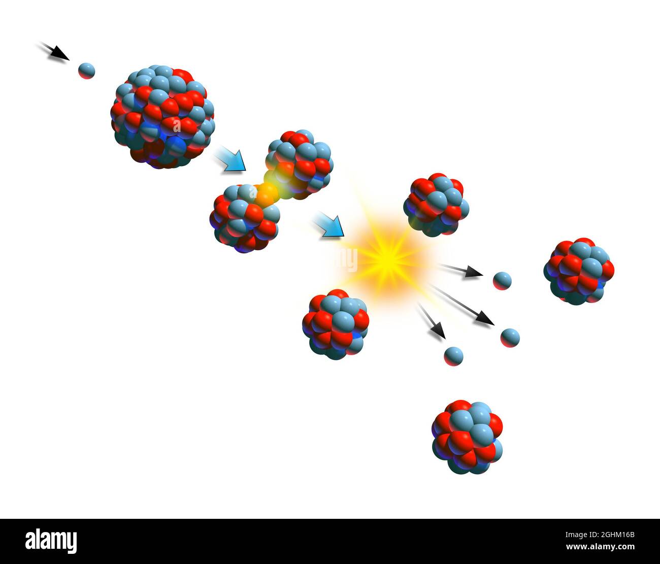 Nuclear fission chain reaction. Digital illustration. Stock Photo