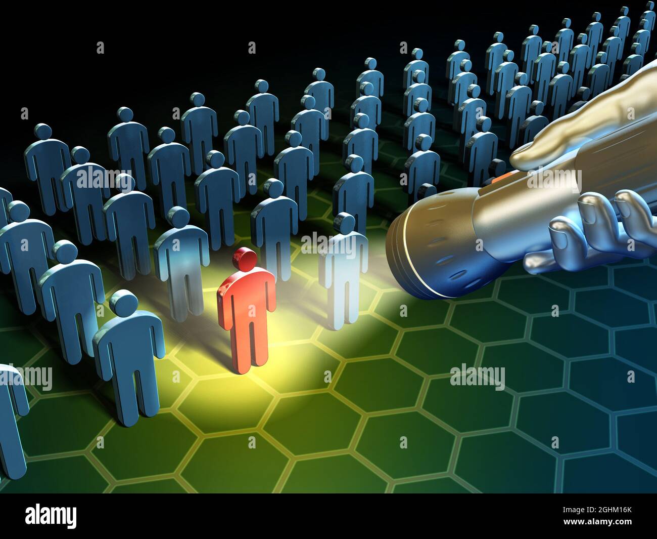 Using a flashlight to search in a large group of people icons. Digital illustration. Stock Photo