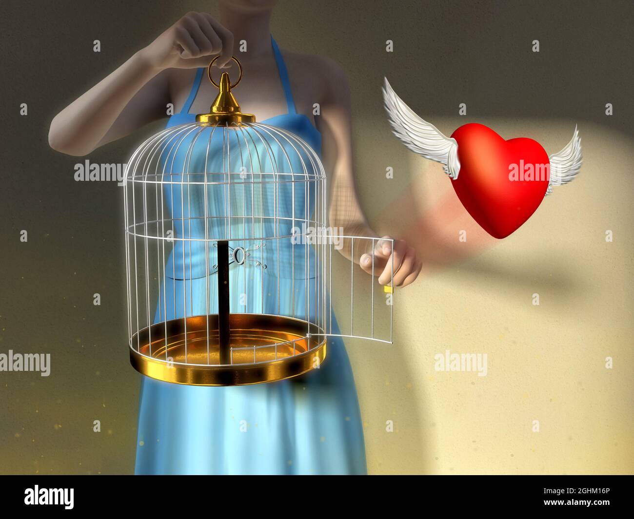 A young woman opening a cage to let an heart fly free. Digital