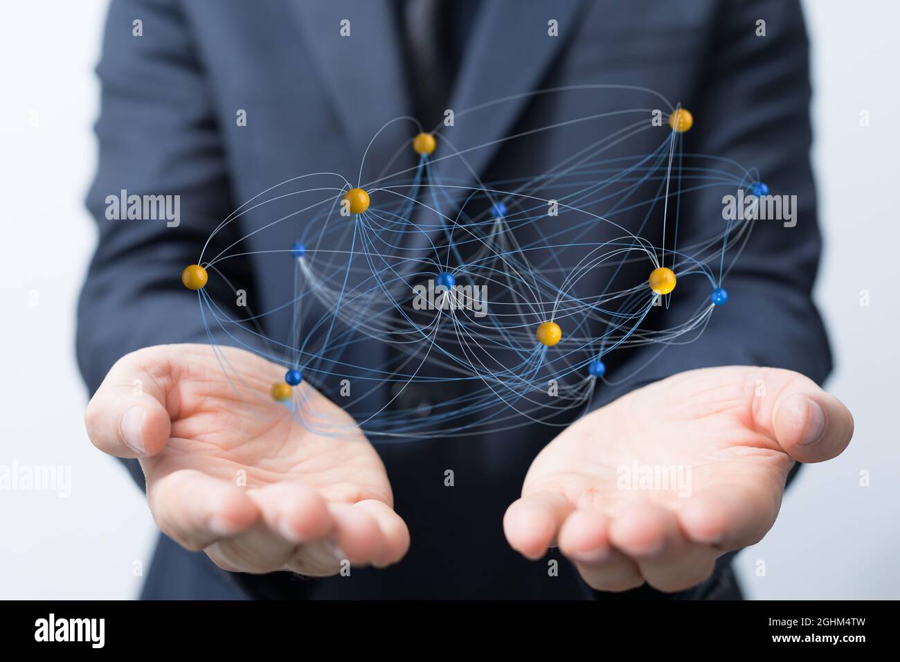 3D rendering of futuristic lines hovering over a man's hands Stock ...