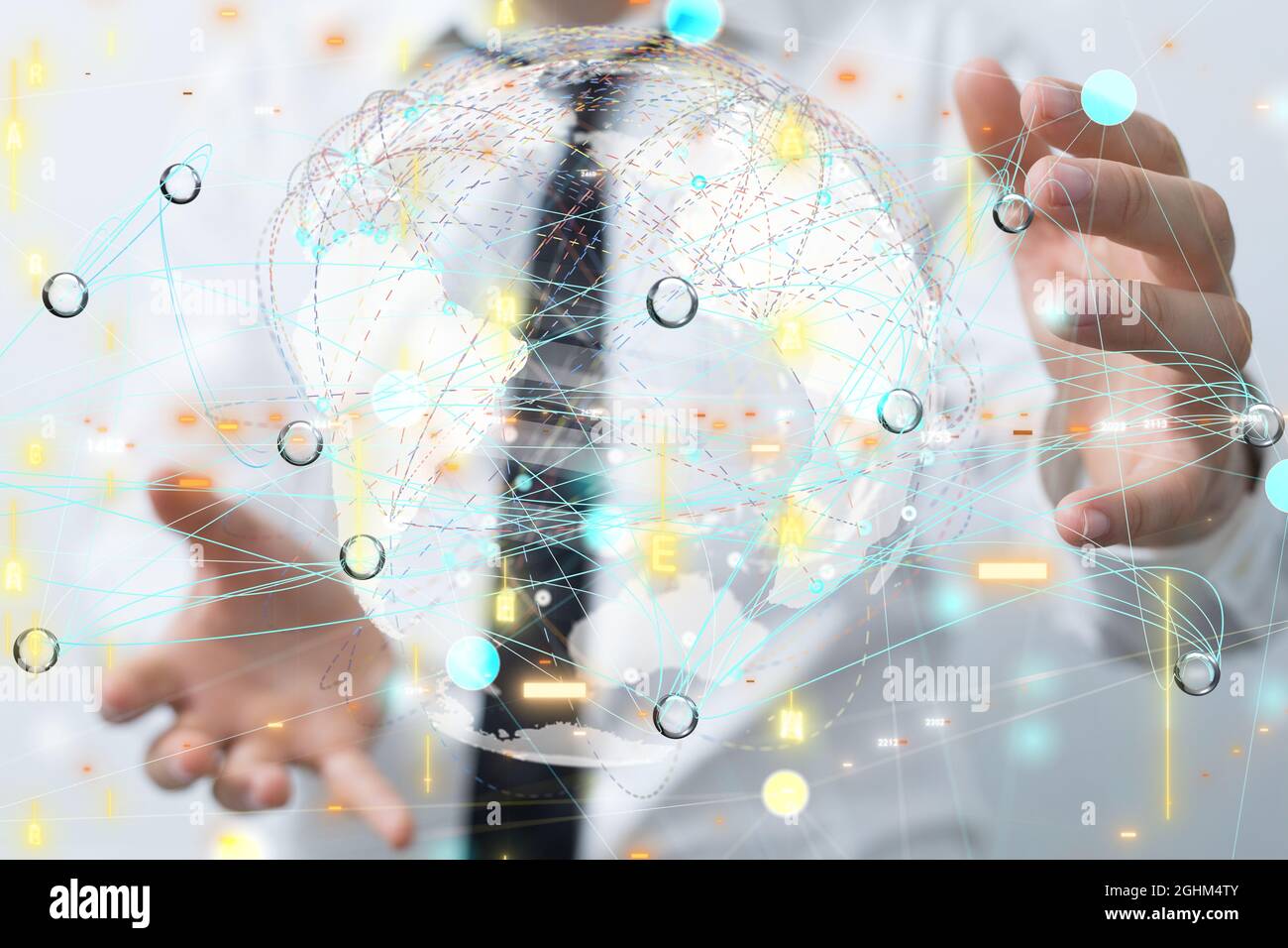 3D rendered futuristic globe hovering over a man's hands Stock Photo ...