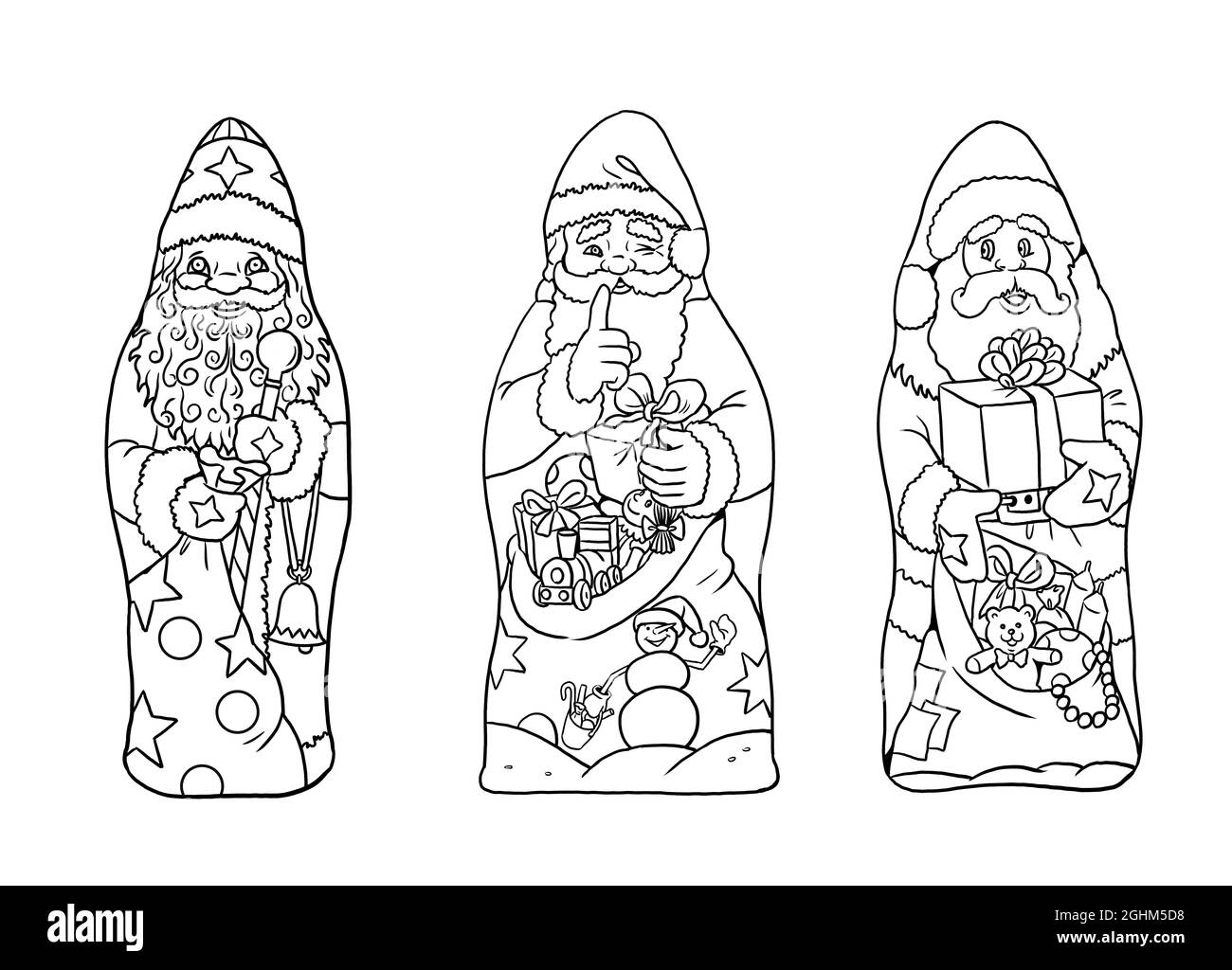 Set of 3 chocolate Santa Clauses. Christmas template for coloring. Stock Photo