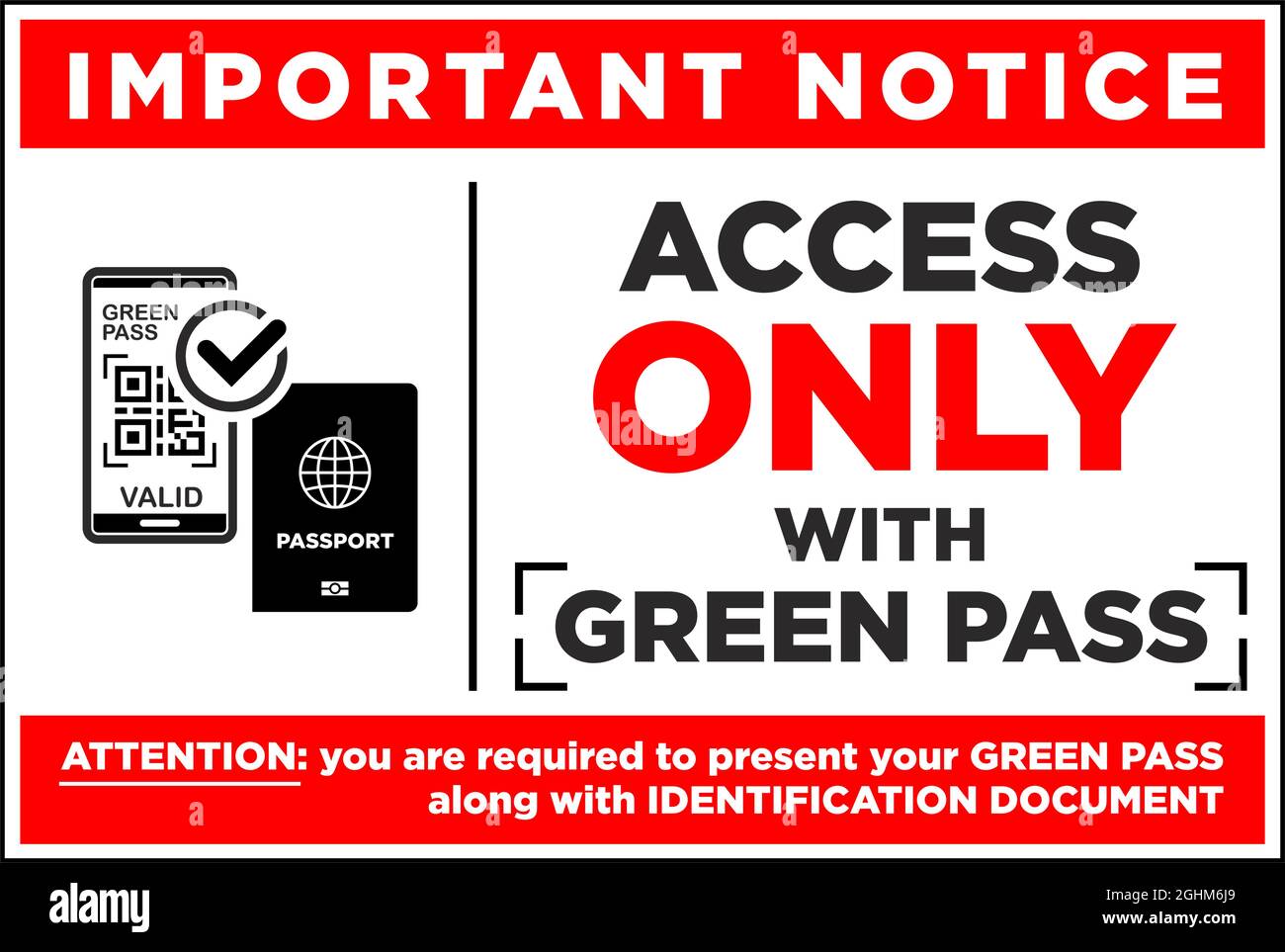 Important notice green pass required with id. Announcement before entering a public place during the coronavirus pandemic. Vector Stock Vector