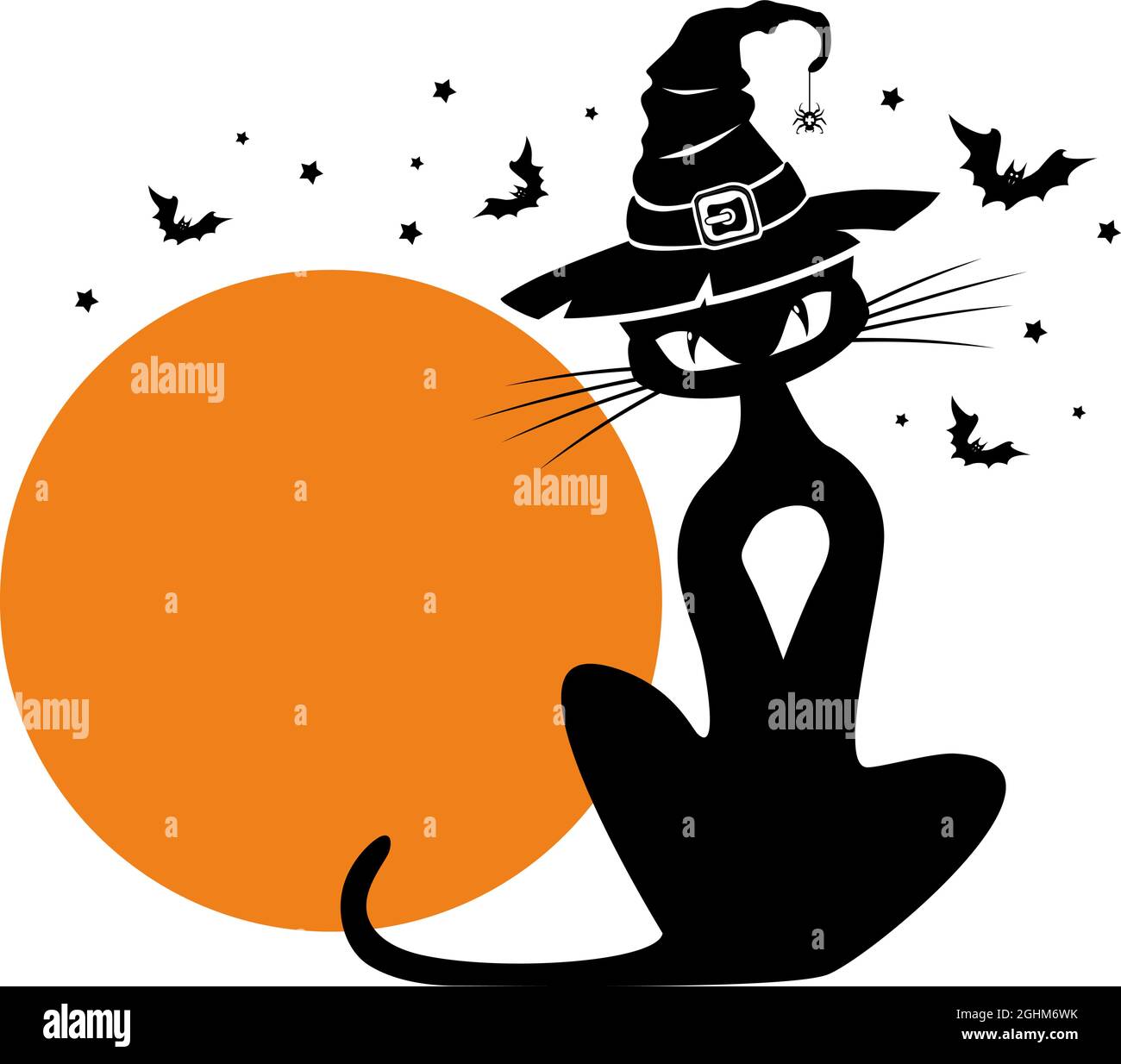 Black cat in witch hat against the background of a full orange moon. Halloween template for decoration of flyer, invitation, greeting card. Vector on Stock Vector