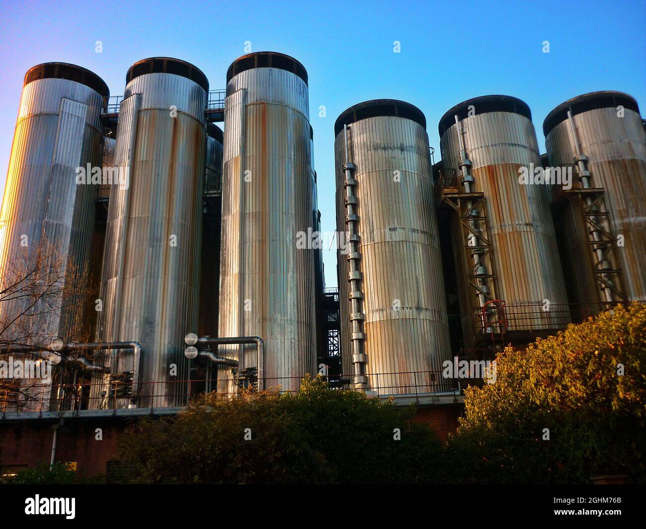 Molson Coors Brewery steel tanks in Burton on Trent, UK. Stock Photo