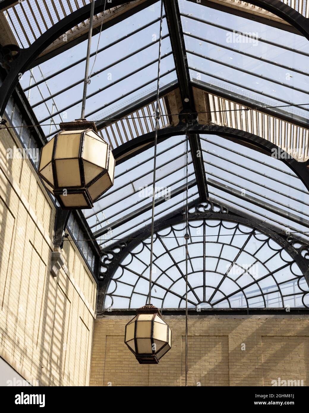 looking up at the lights and roof in the Montague centre, Worthing, West Sussex, 2021 Stock Photo