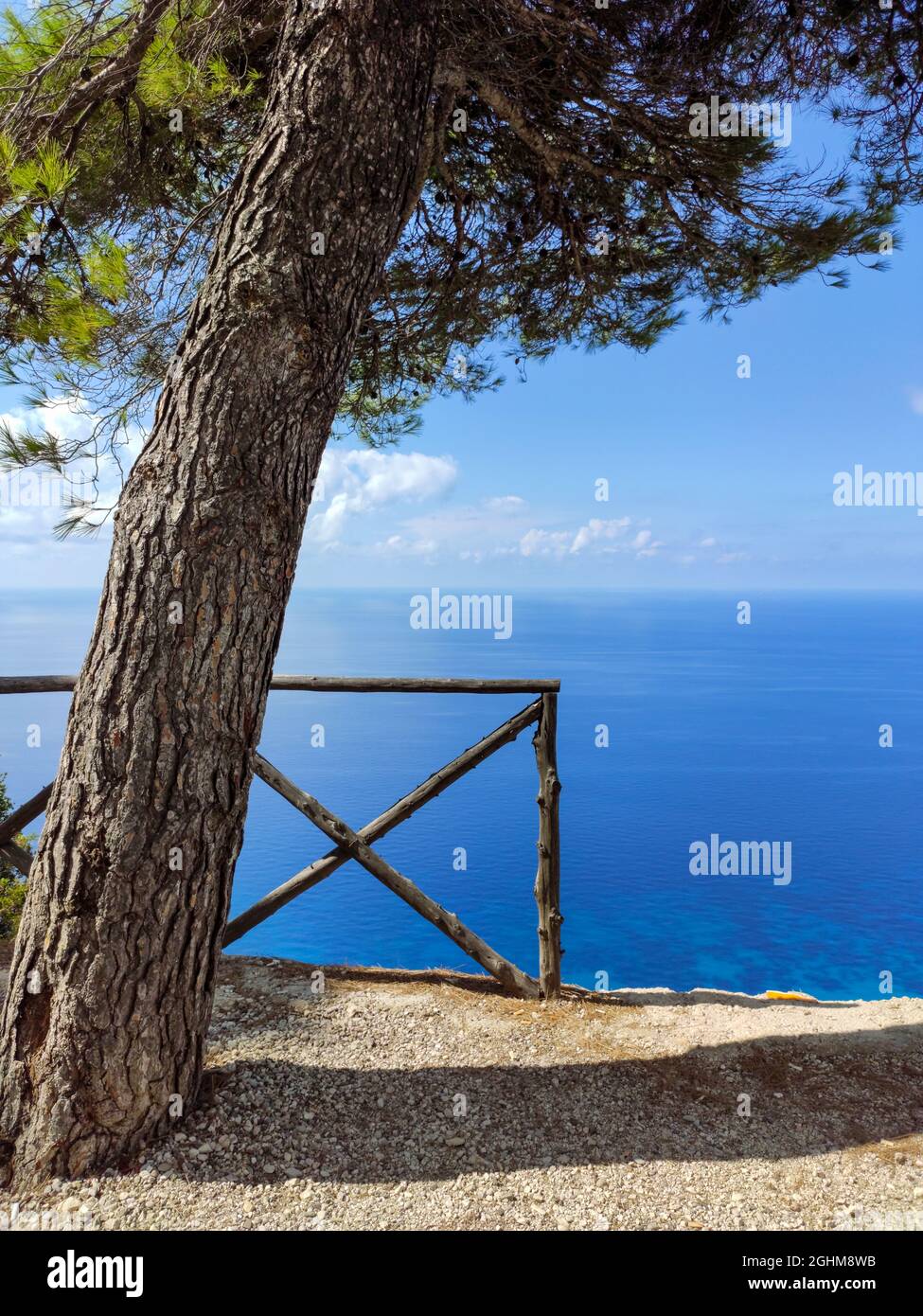 Egremni Beach Panorama observation deck with pine tree. Sunny view on sea turquoise water and scenic blue sky, Lefkada island, Ionian sea coast, Greec Stock Photo