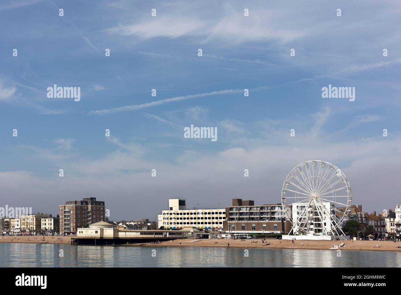 worthing seafront from the pier, featuring the observation wheel and the Lido, September 2021 Stock Photo