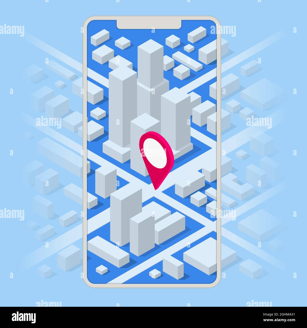 Isometric location track app on touchscreen smartphone. Street map with