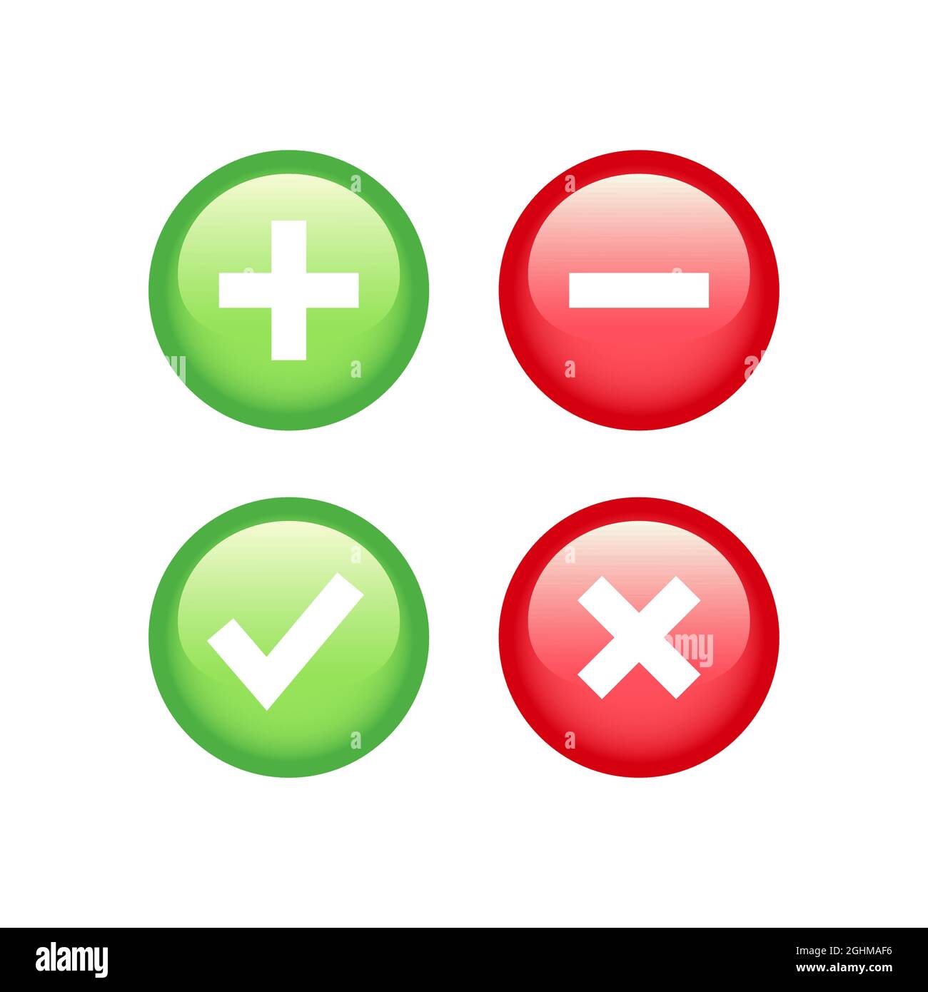 Check, tick, plus and minus sign button. Red and green checkmark and cross glossy icon set. Stock Vector