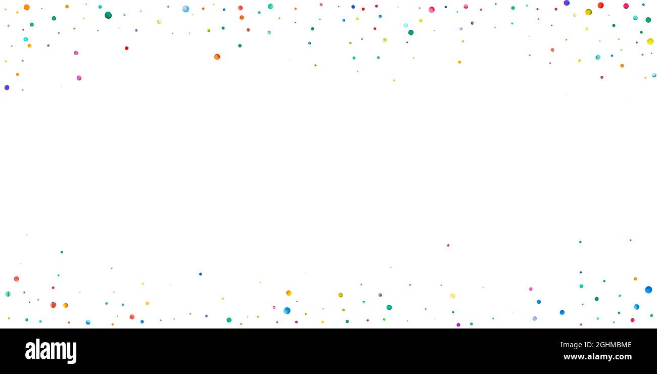 Watercolor confetti on white background. Alluring rainbow colored dots. Happy celebration wide colorful bright card. Cute hand painted confetti. Stock Photo