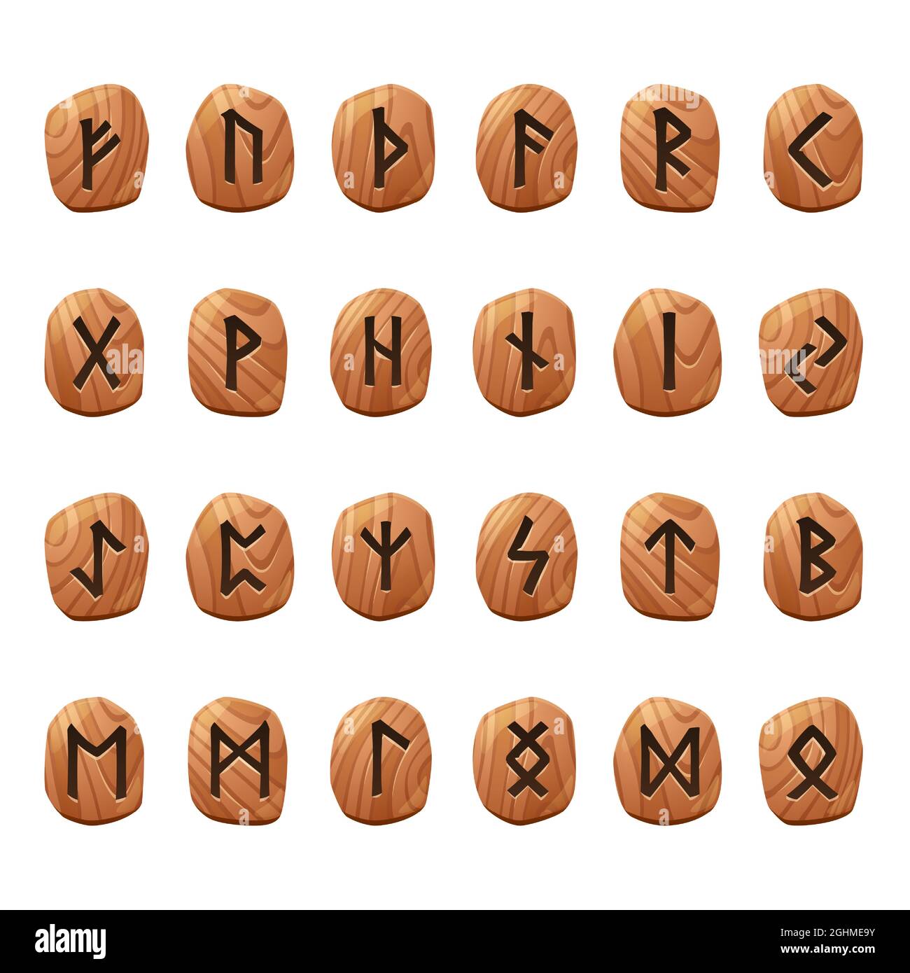 Set of game runes, nordic ancient alphabet, viking celtic futark symbols engraved on wooden pieces. Esoteric occult signs, mystic ui or gui design elements, isolated cartoon vector illustration, icons Stock Vector