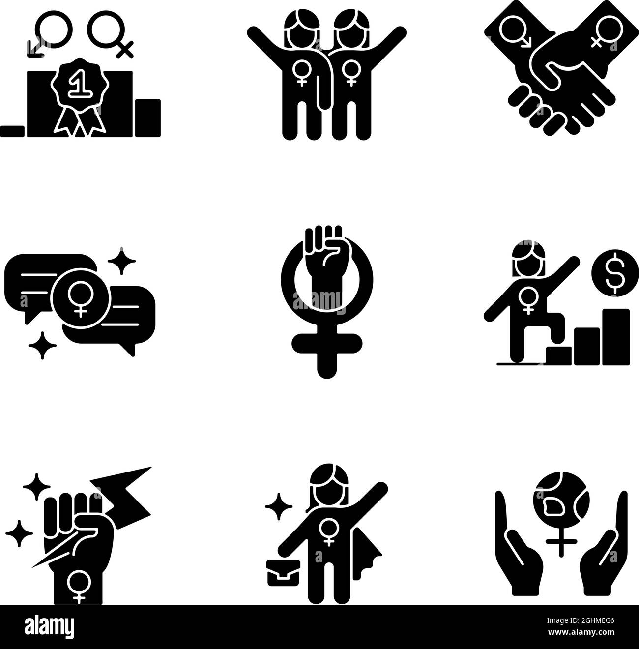 Feminist movement black glyph icons set on white space Stock Vector