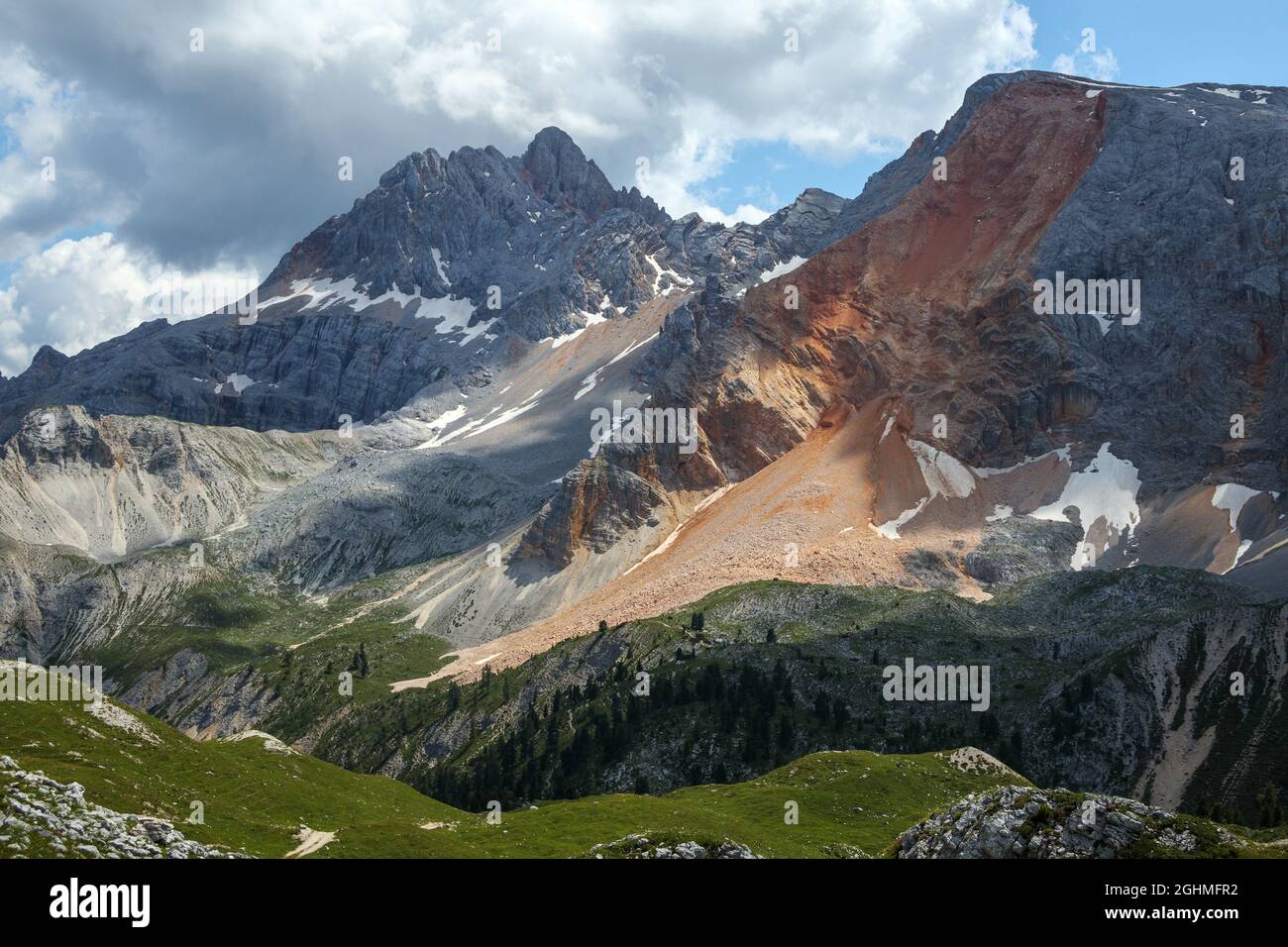 Landslide, debris flow at 'Piccola Croda Rossa Pizora' mountain. The Dolomites. Braies, Alps, Italy, Europe. Stock Photo