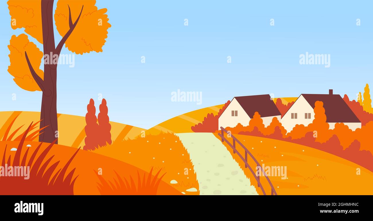 Road to village countryside landscape, eco travel outdoor scene vector illustration. Cartoon path to rural farm houses buildings with fence and trees, agriculture field, fall nature scenery background Stock Vector