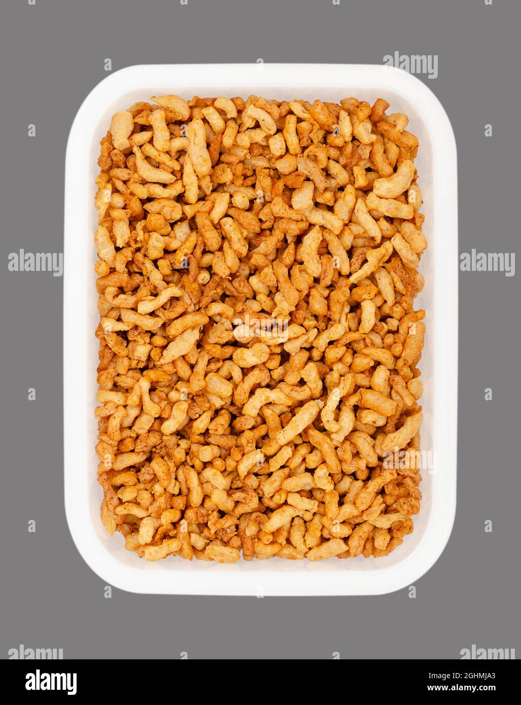 Vegan minced meat, in a white freezing box. Substitute and alternative for ground meat, based on seasoned pea protein. Stock Photo