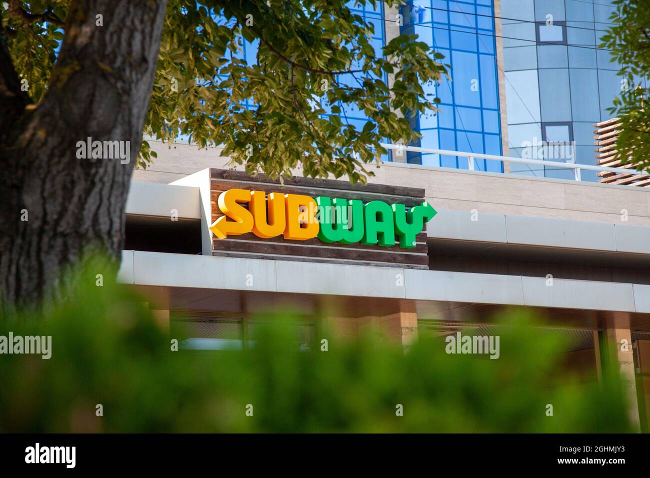 Rostov-on-Don, Russia, august 07 2021. The building of SubWay fast food restaurant with a close-up logo. Stock Photo