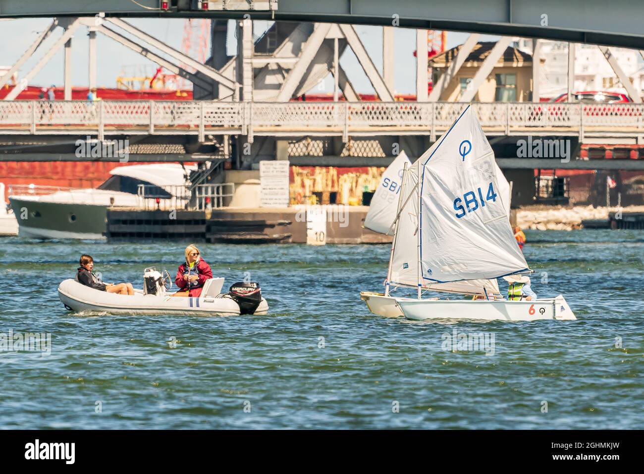 The sail training foundation holds youth sail training classes Fridays from May through October, in the channel between Lake Michigan and Green Bay. Stock Photo