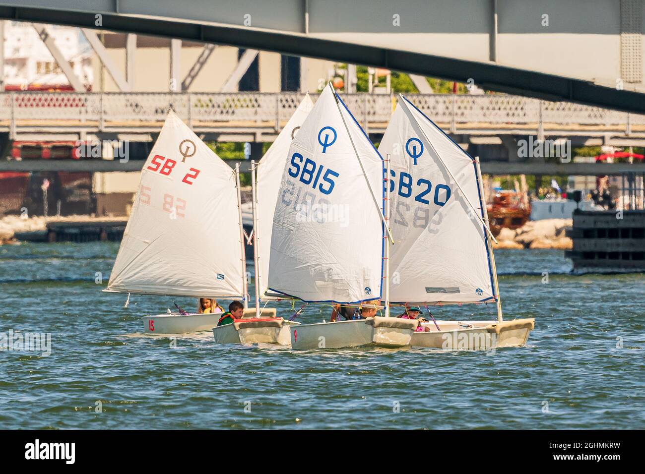 The sail training foundation holds youth sail training classes Fridays from May through October, in the channel between Lake Michigan and Green Bay. Stock Photo