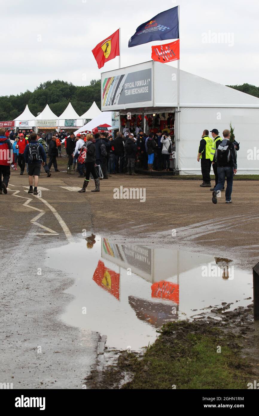 Muddy merchandise area. 08.07.2012. Formula 1 World Championship, Rd 9, British Grand Prix