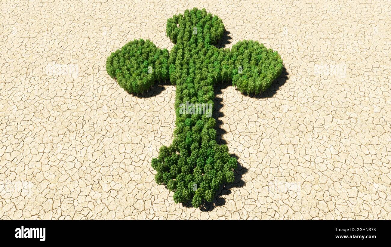 Concept or conceptual group of green forest tree on dry ground background as sign of religious christian cross. A 3d illustration metaphor for God Stock Photo