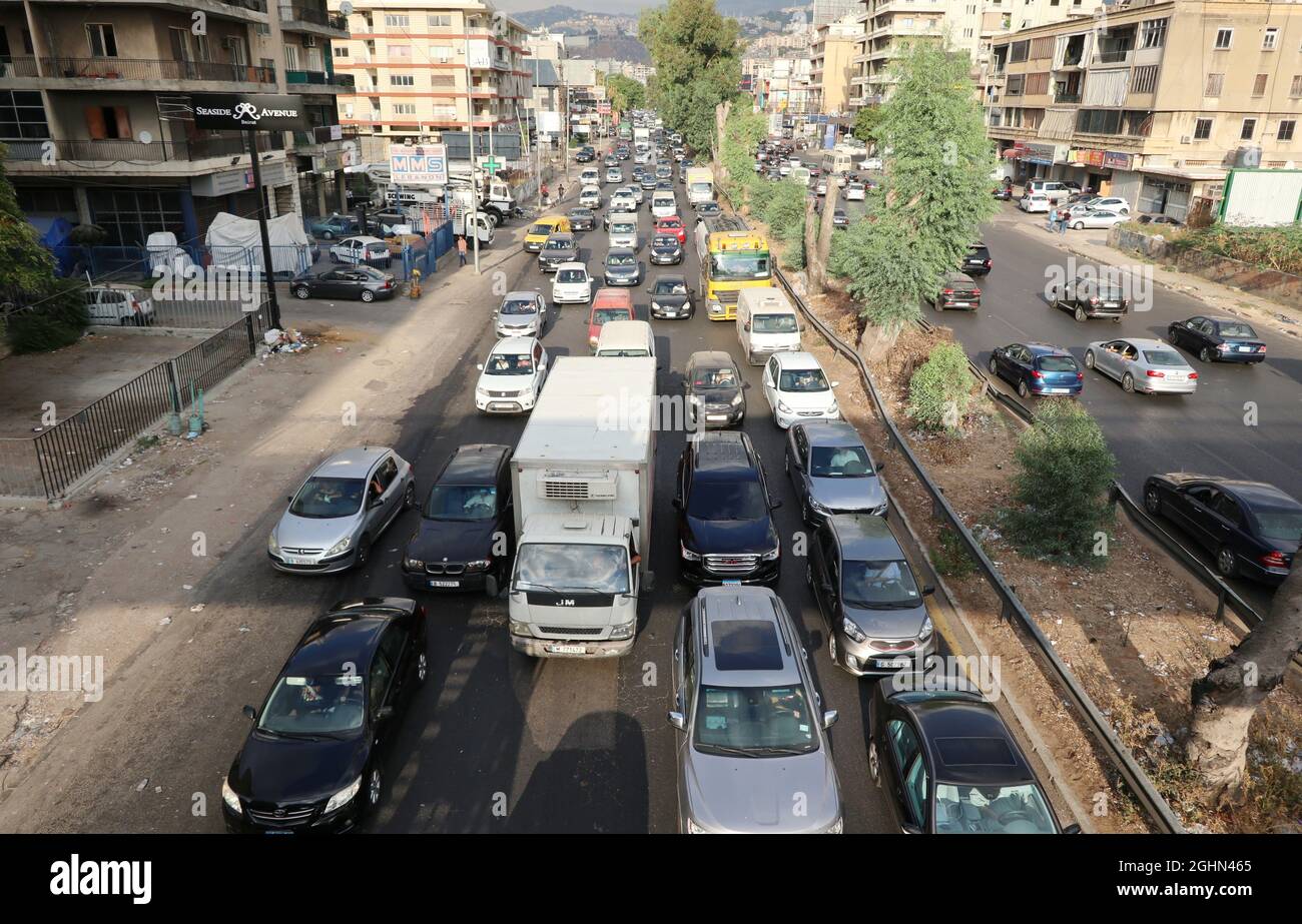 Cars on a highway, Beirut, Lebanon, September 6, 2021. Traffic  in Beirut is exacerbated by long queues at petrol stations, that block the roads for hours.(Elisa Gestri/Sipa USA) Stock Photo