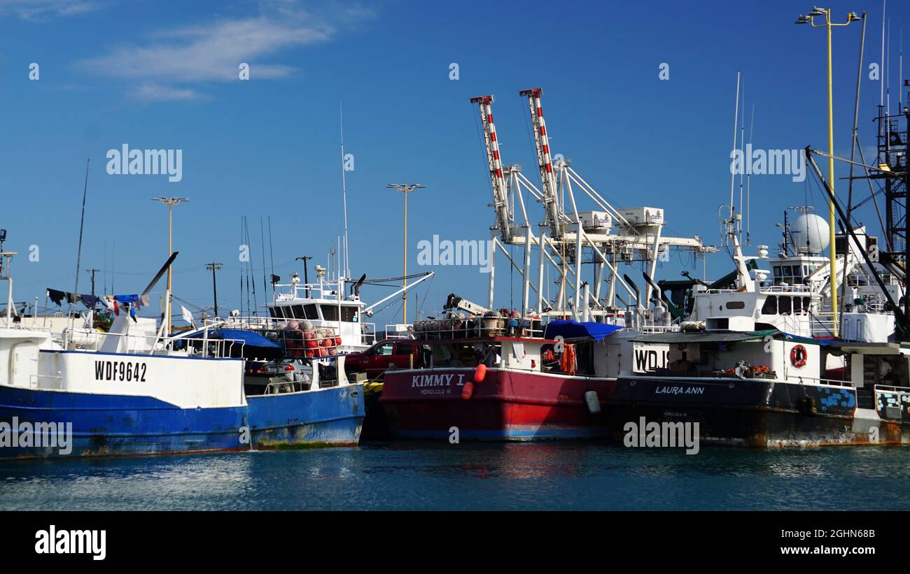Commercial fishing boats at Honolulu Fishing Village in Oahu, near the