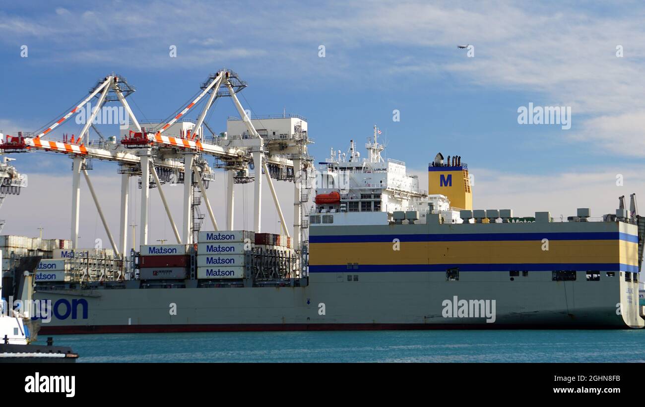 Pier 38 in Honolulu Harbor with Matson container shipping company