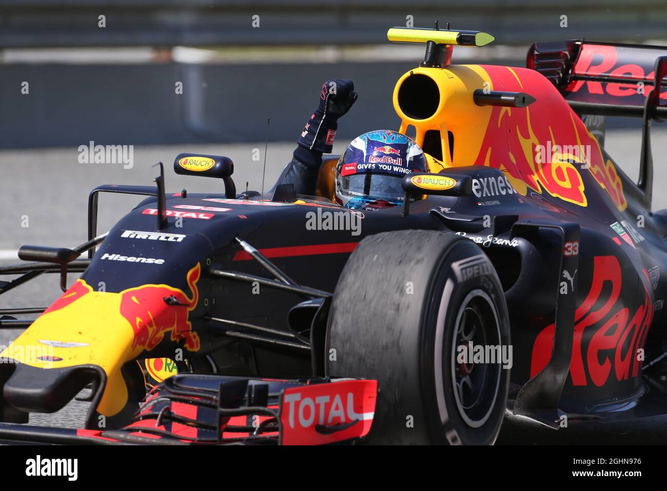 Race winner Max Verstappen (NLD) Bull Racing RB12 celebrates at the end of the race. 15.05.2016. Formula 1 World Championship, Rd 5, Spanish Grand Prix, Barcelona, Spain, Race Day. Photo credit