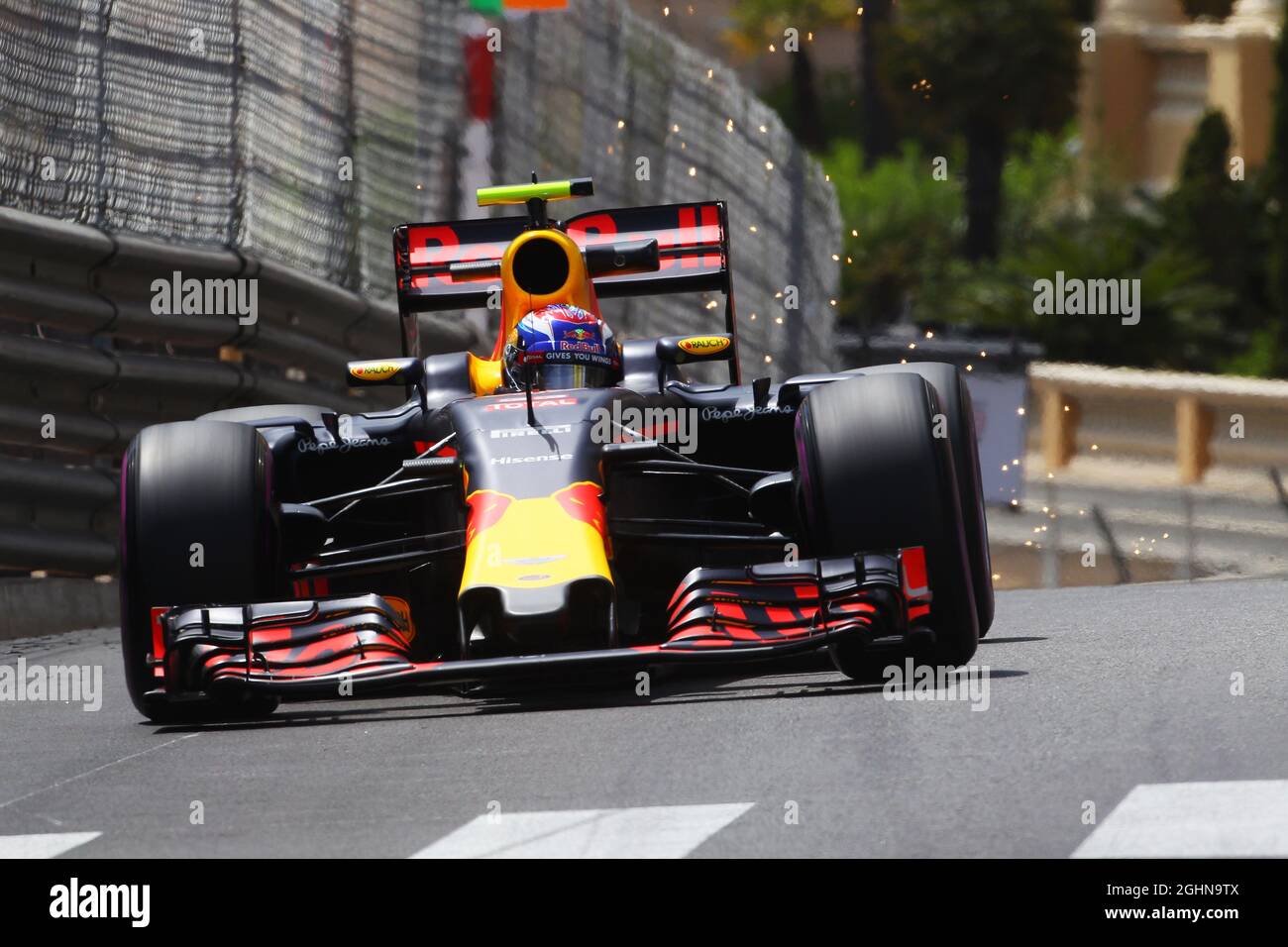 Max Verstappen (NLD) Red Bull Racing RB12 sends sparks flying.  26.05.2016. Formula 1 World Championship, Rd 6, Monaco Grand Prix, Monte Carlo, Monaco, Practice Day.  Photo credit should read: XPB/Press Association Images. Stock Photo