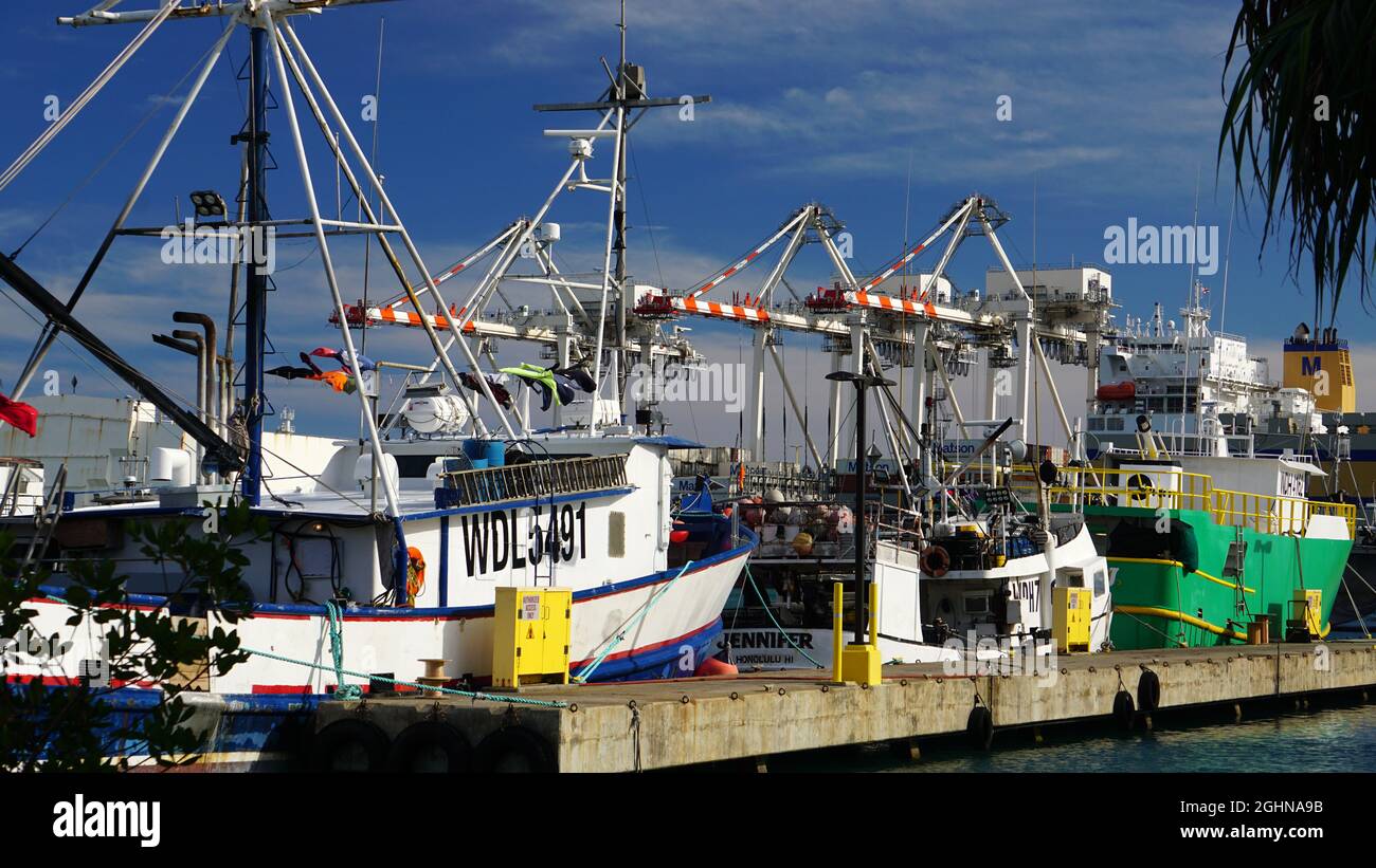 Commercial fishing boats at Honolulu Fishing Village in Oahu, near the